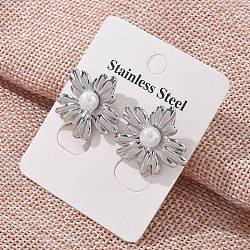 304 Stainless Steel Stud Earrings, with Plastic Imitation Pearl, Flower, Stainless Steel Color, 24.5x22mm(EJEW-Z084-05P-03)