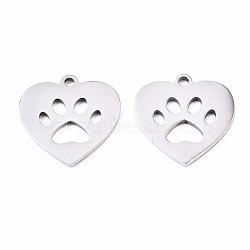 Non-Tarnish 201 Stainless Steel Pet Pendants, Laser Cut Pendants, Heart with Dog Footprint, Stainless Steel Color, 15x14.5x1mm, Hole: 1.4mm(STAS-S110-093P)