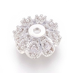 Multi-Petal Brass Micro Pave Cubic Zirconia Bead Caps, Flower, Clear, Real Platinum Plated, 10x4mm, Hole: 1.2mm(ZIRC-F088-038P)