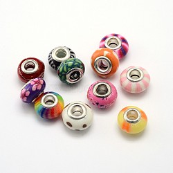 Handmade Polymer Clay Large Hole Rondelle European Beads, with Double Silver Color Plated Brass Cores, Mixed Color, 15x10mm, Hole: 4.5~5mm(LPDL-L003-01)