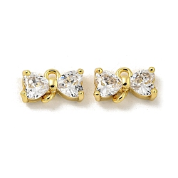 Brass Clear Cubic Zirconia Connector Charms, Bowknot Link, Real 18K Gold Plated, 6.5x10.5x3.5mm, Hole: 1.2mm(KK-G490-10G)