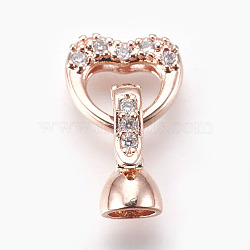 Brass Micro Pave Cubic Zirconia Fold Over Clasps, Heart, Clear, Real Rose Gold Plated, 18mm, Inner: 4mm(KK-P164-07RG)