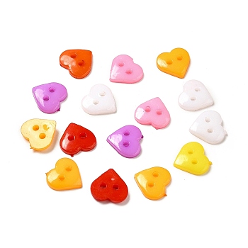 Acrylic Sewing Buttons for Costume Design, Heart Buttons, 2-Hole, Dyed, Mixed Color, 10x10x2mm, Hole: 1mm