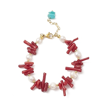 Synthetic Coral & Natural Pearl Beaded Bracelet with Synthetic Turquoise(Dyed) Charms, Gemstone Jewelry for Women, Red, 7-3/8 inch(18.6cm)