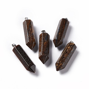 Natural Bronzite Double Terminated Pointed Pendants, with Platinum Tone Brass Findings, Bullet, 39x10x10mm, Hole: 3x6mm