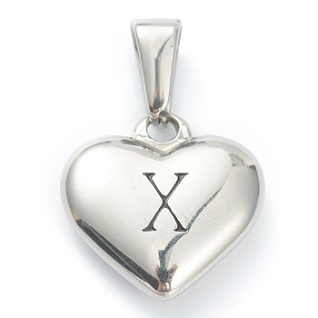 304 Stainless Steel Pendants, Heart with Black Letter, Stainless Steel Color, Letter.X, 16x16x4.5mm, Hole: 7x3mm