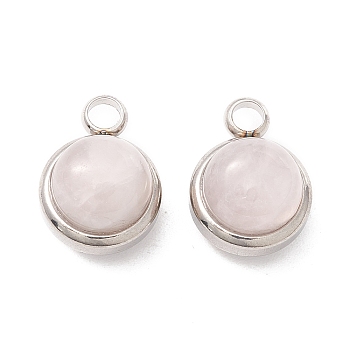 Natural Rose Quartz Charms, with 304 Stainless Steel Findings, Half Round, Stainless Steel Color, 13.5x10x7.5mm, Hole: 2.5mm