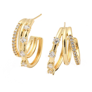 Brass Micro Pave Clear Cubic Zirconia Stud Earrings, Split Earrings, Light Gold, 22x9mm