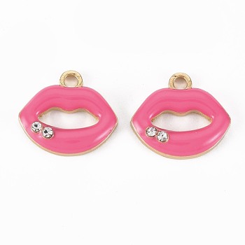 Golden Plated Alloy Enamel Pendants, with Crystal Rhinestones, Lip, Cadmium Free & Lead Free, Hot Pink, 15x17x4mm, Hole: 2mm