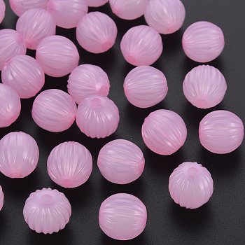Imitation Jelly Acrylic Beads, Corrugated Beads, Round, Pearl Pink, 14x13mm, Hole: 2.5mm, about 356pcs/500g