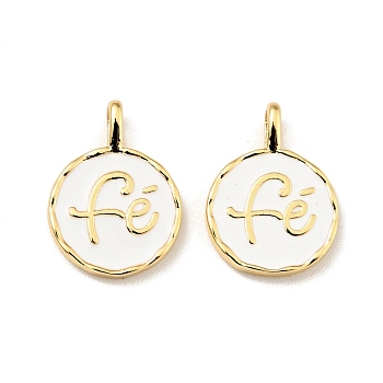 Brass Enamel Charms, Cadmium Free & Lead Free, Flat Round with Words Fe, Long-Lasting Plated, Real 18K Gold Plated, 13.5x9x1.4mm, Hole: 1.3mm
