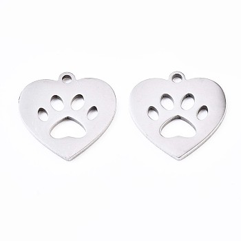 201 Stainless Steel Pet Pendants, Laser Cut Pendants, Heart with Dog Footprint, Stainless Steel Color, 15x14.5x1mm, Hole: 1.4mm