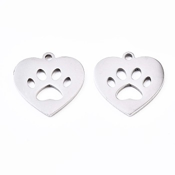 Non-Tarnish 201 Stainless Steel Pet Pendants, Laser Cut Pendants, Heart with Dog Footprint, Stainless Steel Color, 15x14.5x1mm, Hole: 1.4mm