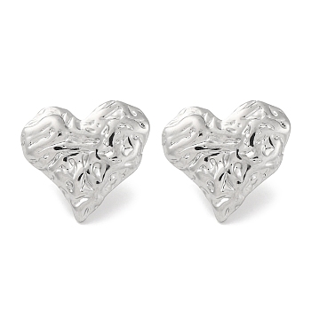 304 Stainless Steel Textured Heart Stud Earrings, Silver, 16.5x18mm