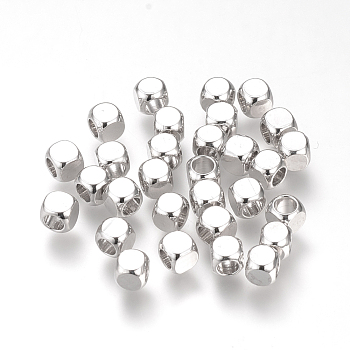 Brass Spacer Beads, Cube, Nickel Free, Real Platinum Plated, 4x4x4mm, Hole: 2.5mm