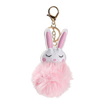 Cute Rabbit PU Leather & Imitate Rex Rabbit Fur Ball Keychain, with Alloy Clasp, for Bag Car Key Decoration, Pink, 16.5~16.9cm