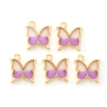Light Gold Plated Alloy Enamel Pendants, with Glitter Sequin, Butterfly, Orchid, 15.5x14x1.5mm, Hole: 1.6mm