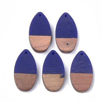Resin & Walnut Wood Pendants, teardrop, Blue, 31x16x3.5~4mm, Hole: 1.5mm