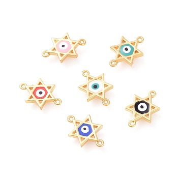 Brass Enamel Links connectors, for Jewish, Star of David with Evil Eye, Golden, Mixed Color, 16x10x2mm, Hole: 1mm