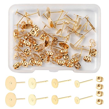 40Pcs 4 Size 304 Stainless Steel Stud Earring Findings, Flat Round Earring Settings, with 40Pcs Ear Nuts, Golden, 4~8x0.3mm, Pin: 0.7mm, 10Pcs/size