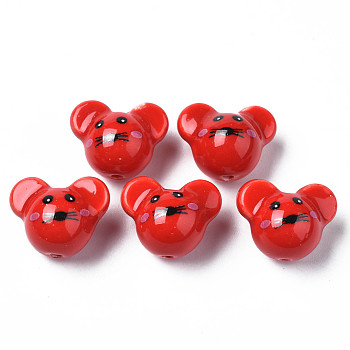 Handmade Porcelain Beads, Famille Rose Style, Mouse, FireBrick, 12.5x15.5x11mm, Hole: 1.6mm