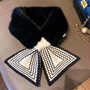 Women's Polyester Faux Fur Ornate Neck Warmer Scarf, Winter Autumn Collar Scarf Wrap, Triangle Pattern, Black, 750x140mm