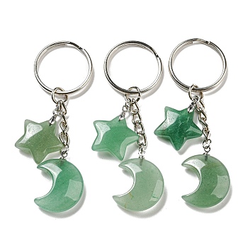 Reiki Natural Green Aventurine Moon & Star Pendant Keychains, with Iron Keychain Rings, 7.8cm