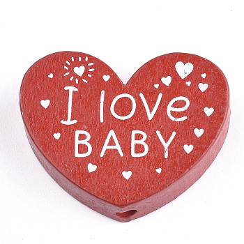 Natural Wood Beads, Dyed, Heart with Word I Love Baby, For Valentine's Day, Red, 23x29x7mm, Hole: 2.5mm
