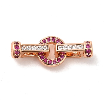 Rack Plating Brass Pave Cubic Zirconia Fold Over Clasps, Lead Free & Cadmium Free, Flat Round, Rose Gold, Camellia, 9.3x25mm