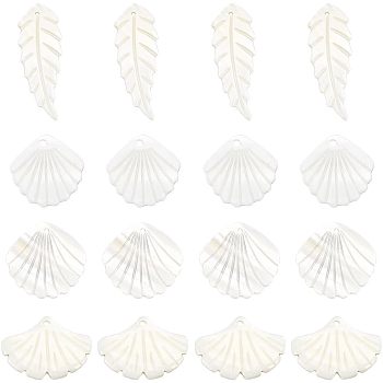 16Pcs 4 Styles Natural Shell Pendants, Leaf & Shell Shape Charms, Seashell Color, 16~35x13~28x1~2mm, Hole: 1~1.2mm, 4pcs/style