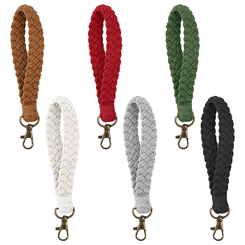 6Pcs 6 Colors Cotton Braided Wristlet Straps, Short Purse Straps, Keychain Lanyard, with Alloy Swivel Clasp, Mixed Color, 18cm, 1pc/color