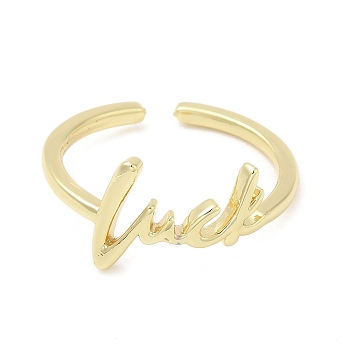 Rack Plating Brass Open Cuff Ring, Long-Lasting Plated, Cadmium Free & Lead Free, Word Luck, Real 18K Gold Plated, Inner Diameter: 17mm