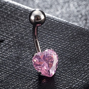 Piercing Jewelry, Brass Cubic Zirconia Navel Ring, Belly Rings, with 304 Stainless Steel Bar, Lead Free & Cadmium Free, Heart, Platinum, Pearl Pink, 20x8mm, Bar: 15 Gauge(1.5mm), Bar Length: 3/8"(10mm)