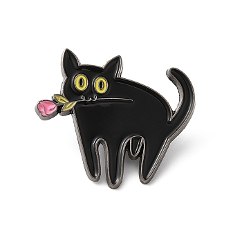 Alloy Brooches, Enamel Pins, for Backpack Cloth, Cat with Rose, Black, 28x31x1.5mm