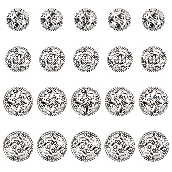 20Pcs 4 Styles Alloy Shank Buttons, Flat Round, 1-Hole, Antique Silver, 15~23x8~9.5mm, Hole: 2mm, 5pcs/style