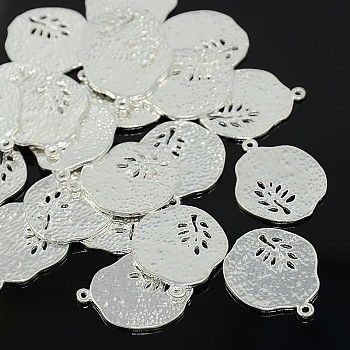 Tibetan Style Alloy Pendants, Cadmium Free & Lead Free, Flat Round with Leaf, Silver Color Plated, 22x18x1mm, Hole: 1mm