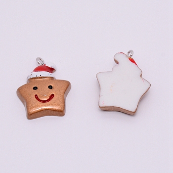 Opaque Resin Pendants with Platinum Tone Iron Accessories, for Christmas, Star, Coconut Brown, 28.5x22.5x6.5mm, Hole: 1.5mm