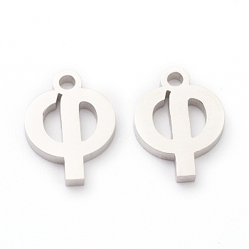 304 Stainless Steel Charms, Greek Alphabet, Stainless Steel Color, Letter.F, 12x9x1.5mm, Hole: 1.5mm