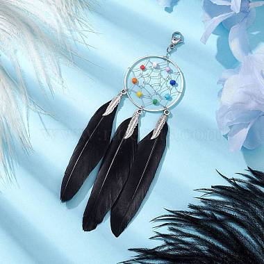 Woven Web/Net with Feather Alloy & Chakra Glass Beads Pendant Decorations(HJEW-JM01989)-4