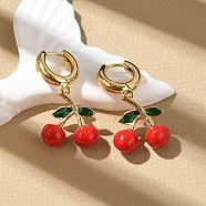 Cherry Brass Enamel Hoop Earrings, Rack Plating, Long-Lasting Plated, Lead Free & Cadmium Free, Real 18K Gold Plated, 35.5x19mm(EJEW-M077-14G-03)