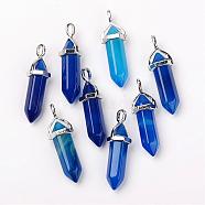 Natural Agate Double Terminated Pointed Pendants, with Random Alloy Pendant Hexagon Bead Cap Bails, Bullet, Platinum, 37~40x12mm, Hole: 3mm(G-F295-05G)