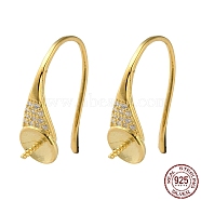 925 Sterling Silver Dangle Earring Hooks, with Clear Cubic Zirconia, Ear Wire with Pinch Bails, for Half Drilled Beads, with S925 Stamp, Real 18K Gold Plated, 21 Gauge, 16x5.5mm, Pin: 0.7mm and 0.8mm(STER-M115-21G)