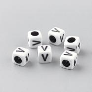 Opaque Acrylic Beads, Letter Style, Cube, Letter.V, 6x6x6mm, Hole: 3mm, about 3000pcs/500g(SACR-Q188-02V)