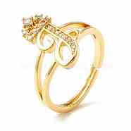 Clear Cubic Zirconia Initial Letter with Crown Adjustable Ring, Real 18K Gold Plated Brass Alphabet Ring for Women, Cadmium Free & Lead Free, Letter.J, US Size 6(16.5mm)(RJEW-M139-17J)