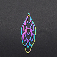 Ion Plating(IP) 201 Stainless Steel Big Pendants, Feather, Laser Cut, Rainbow Color, 52x19x1mm, Hole: 1.6mm(STAS-R111-JA539)