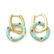 Real 18K Gold Plated Brass Ring Dangle Hoop Earrings, with Enamel and Cubic Zirconia, Sky Blue, 21x12.5mm(EJEW-L268-019G-04)