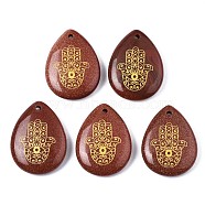 Synthetic Goldstone Pendants, Teardrop with Hamsa Hand Pattern, 32~33.5x25~26x6.5~7.5mm, Hole: 2mm, 6pcs/bag(G-T122-73J)