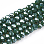 Electroplate Glass Beads Strands, Pearl Luster Plated, Faceted, Rondelle, Dark Green, 4x3mm, Hole: 0.4mm, about 123~127pcs/strand, 16.5~16.9 inch(42~43cm)(EGLA-A034-P4mm-A09-A)