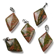 Natural Unakite Pendants, with Platinum Tone Brass Findings, Rhombus Charm, 28~29x17~18x5.5~6mm, Hole: 4x7mm(G-C066-03A)