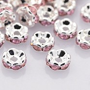 Brass Rhinestone Spacer Beads, Grade A, Wavy Edge, Silver Color Plated, Rondelle, Light Rose, 8x3.8mm, Hole: 1mm(RB-A014-L8mm-27S)